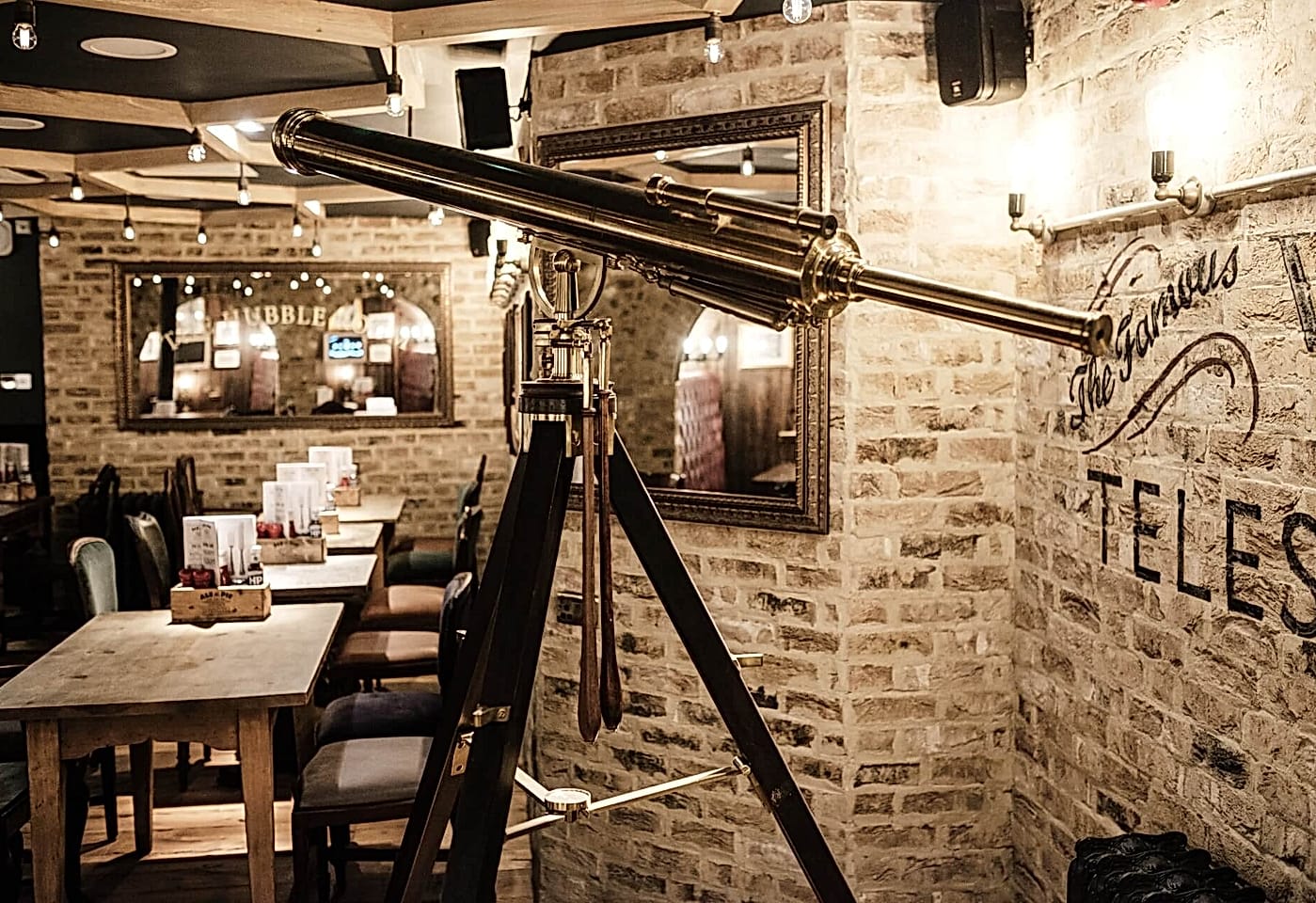 A decorative telescope inside the Liverpool Street pub, The Astronomer