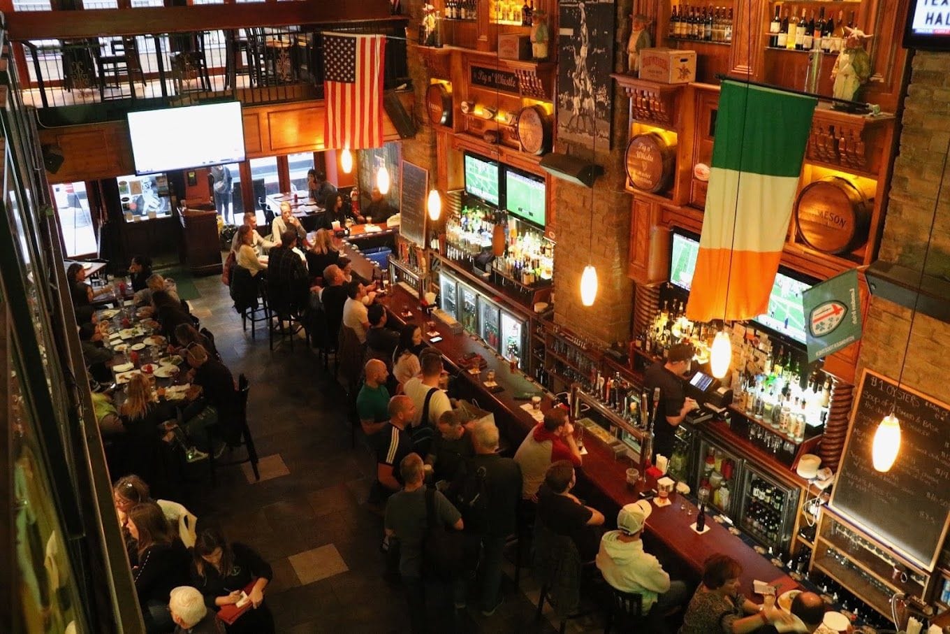 People watching sports at Pig n' Whistle, a sports bar in NYC. 