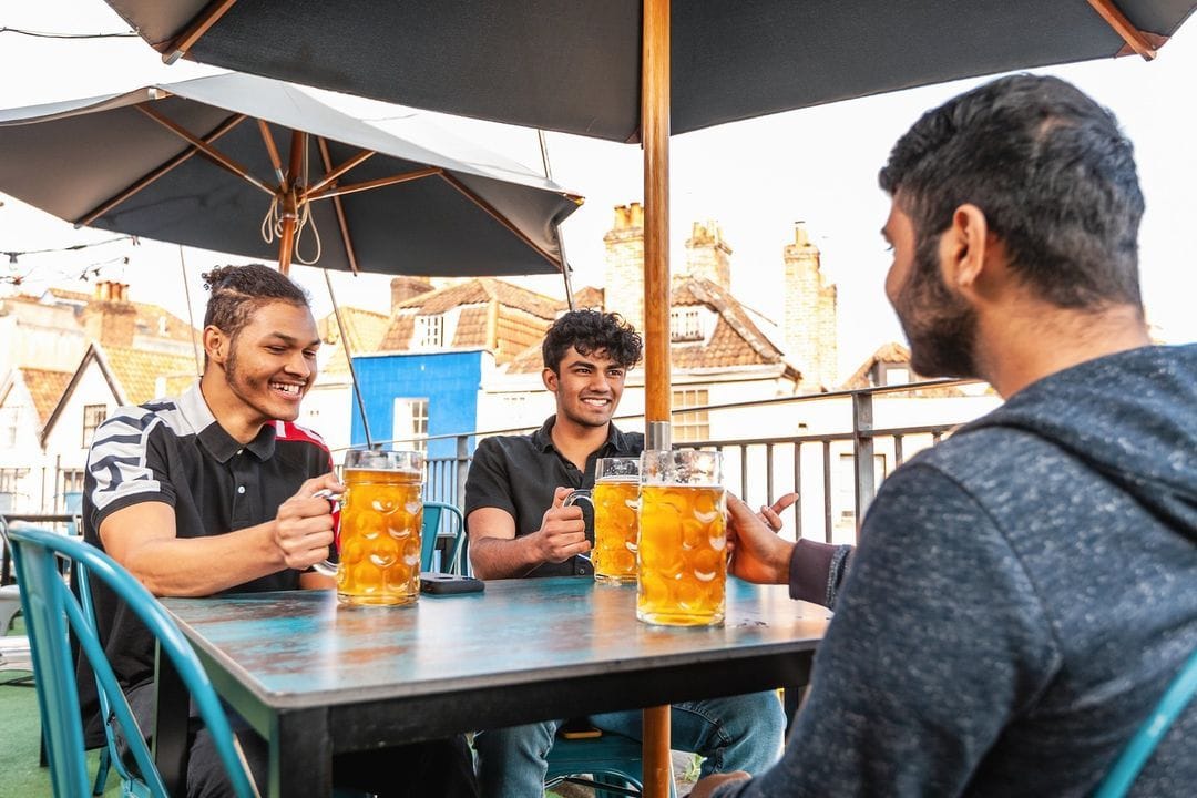 Double-sized pints on the roof terrace at ZeroDegrees in Bristol