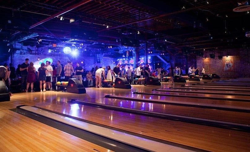 The bowling lanes at Brooklyn Bowl, a unique party venue in NYC.