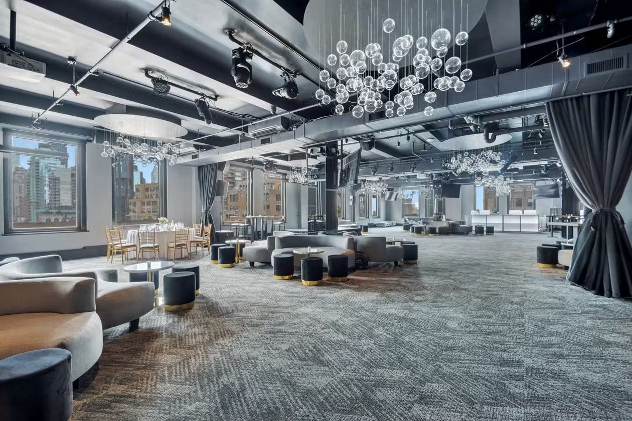 A luxury banquet hall with panoramic views: Empire Penthouse at 230 Fifth 1