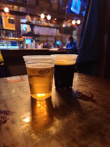 Two beers at Off the Wagon, one of the best bars in Manhattan, NYC.