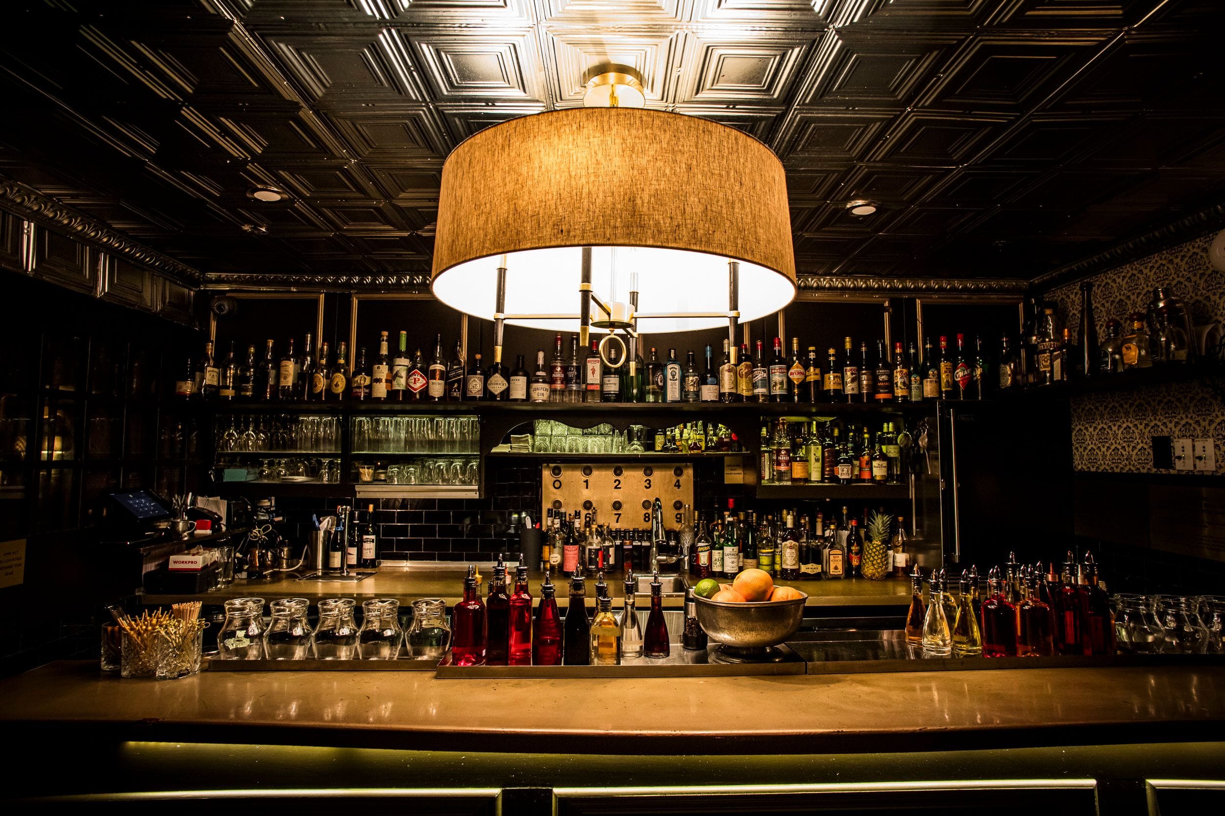 The alcohol selection at The Raines Law Room Chelsea, a bar for celebrating 21st birthdays in New York. 