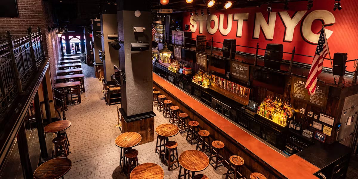 The interior of Stout NYC at Penn Station, a sports bar in the city. 